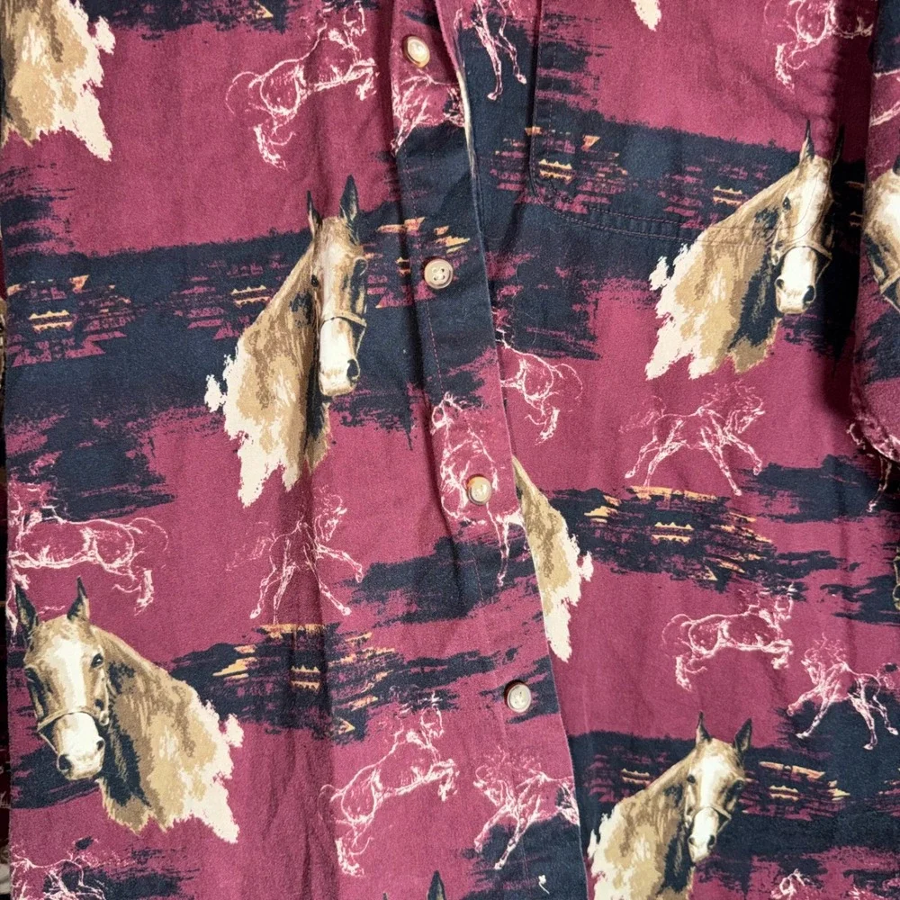 Vintage Mens Horse Print Button Down Shirt Burgundy Southwestern Western Large